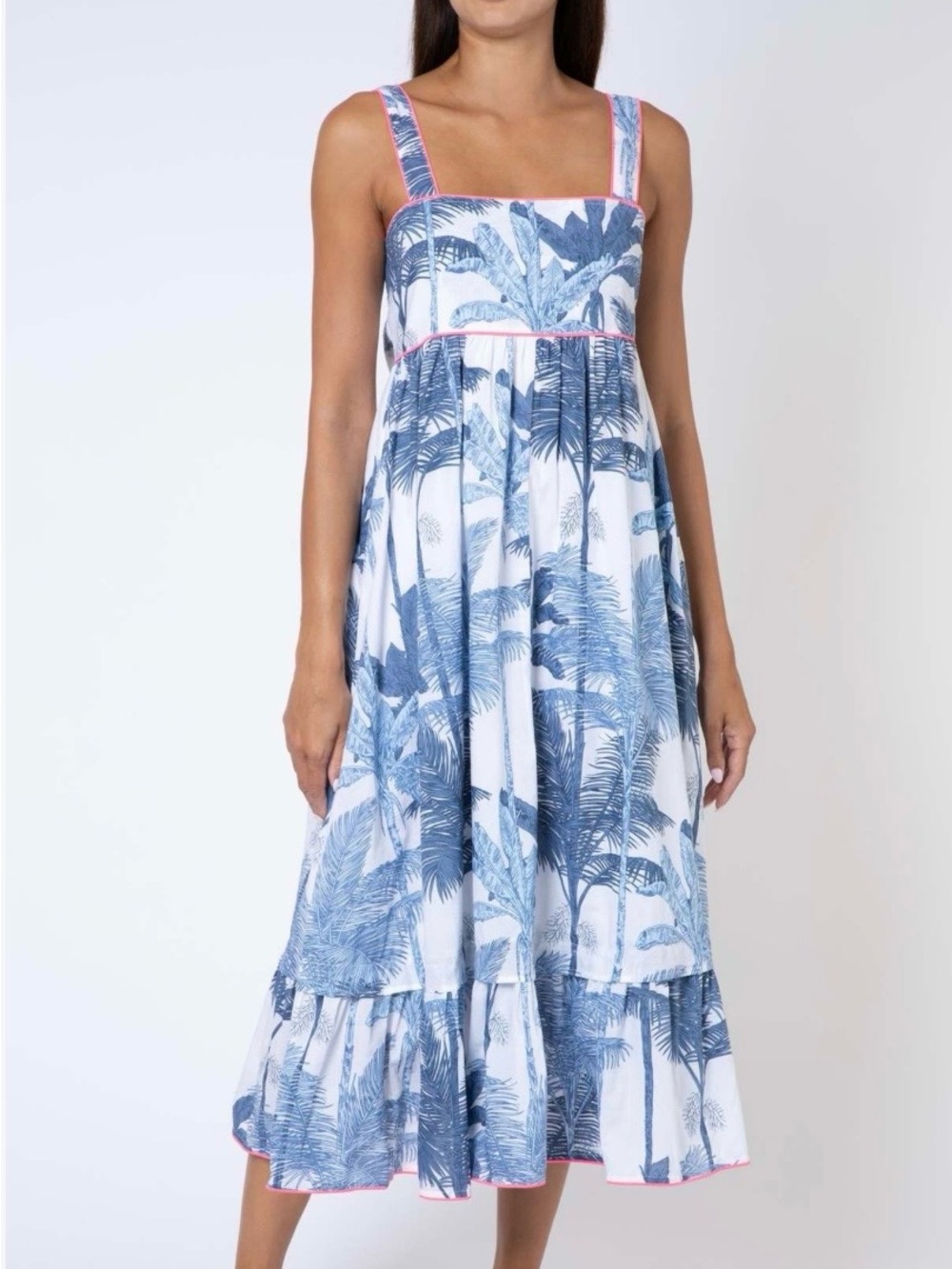 Juliet Dunn White Midi Dress with Blue Palm Print and Pink Trim